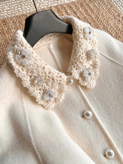 ⁠[Girly] Beaded Crochet Collar Fur Trim Belted 100% Australian Wool Coat (YRDY-015)