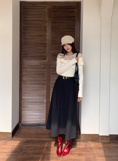 [Versatile] Pleated Long Skirt(with belt)