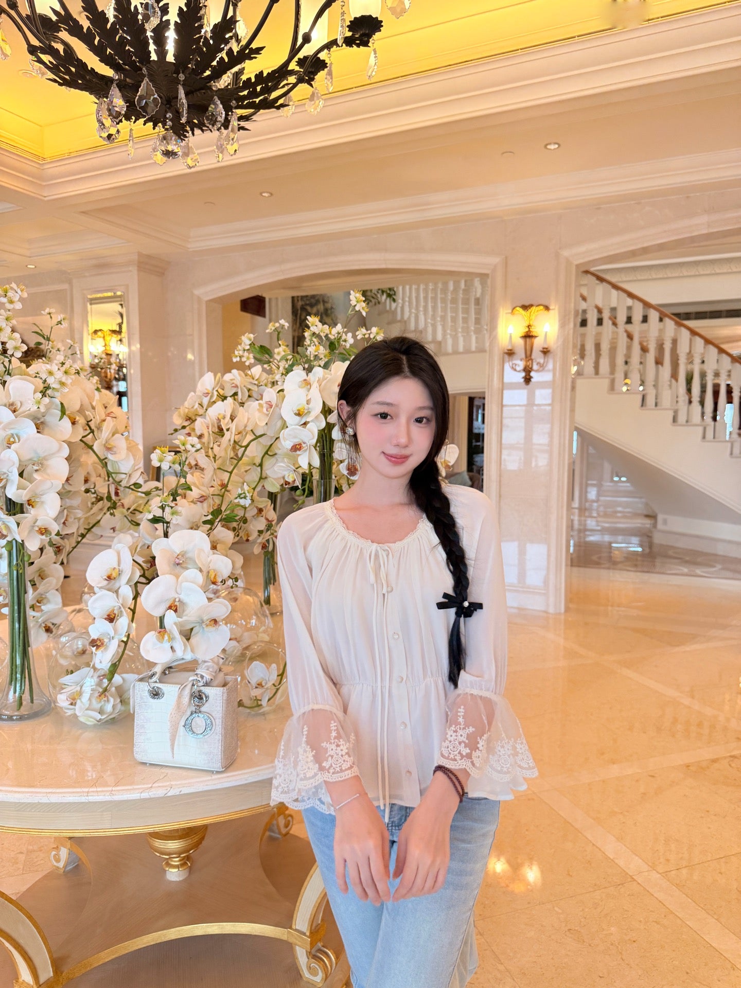 [Romantic] French Lace Trim Tie-Front Chiffon Blouse (Q1361)