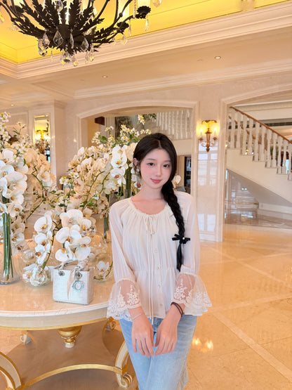 [Romantic] French Lace Trim Tie-Front Chiffon Blouse (Q1361)