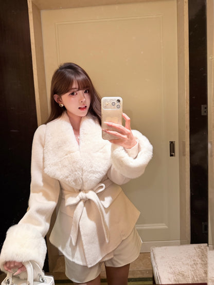 ⁠[Stylish] Fox Fur Collar Belted Double-Faced Wool Short Coat (YRDY-022)⁠
