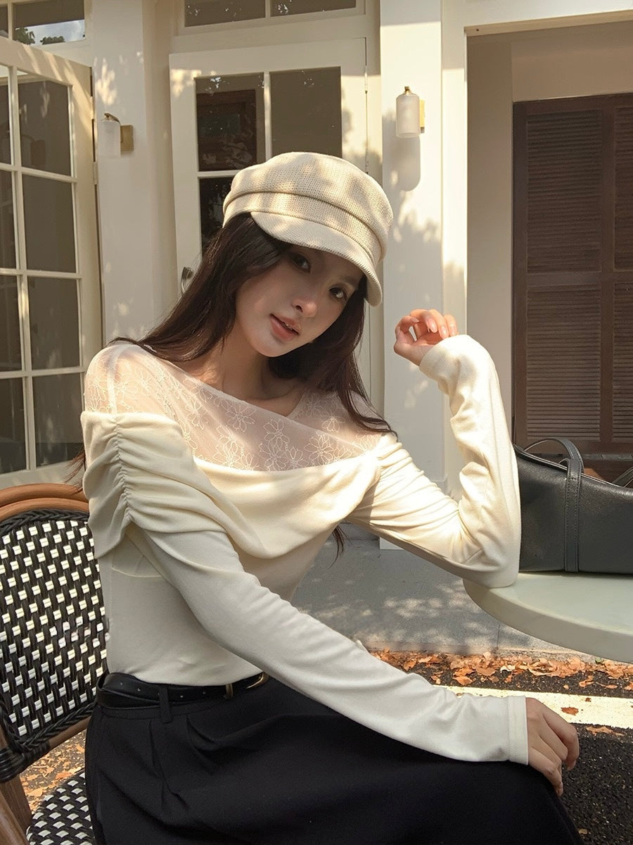 [Stylish] White Label Lace 28%Wool Top