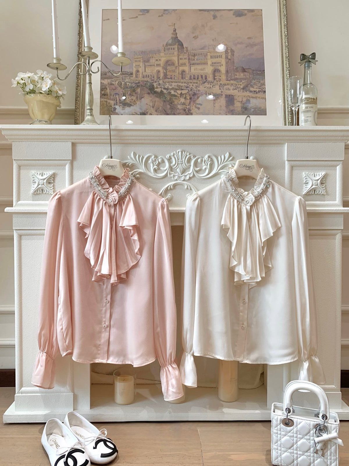 ⁠[Elegant] Stand Collar Ruffle Ribbon Satin Blouse (Q1535)⁠