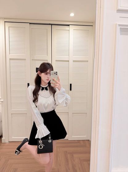 [Coquette] Pleated Chiffon Bow Blouse (Q1516)