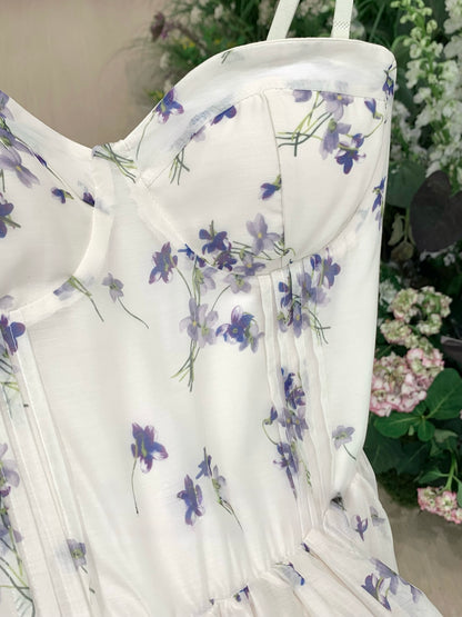 [Artistic] Purple/Blue Floral Sweetheart Neckline Dress (QF066)