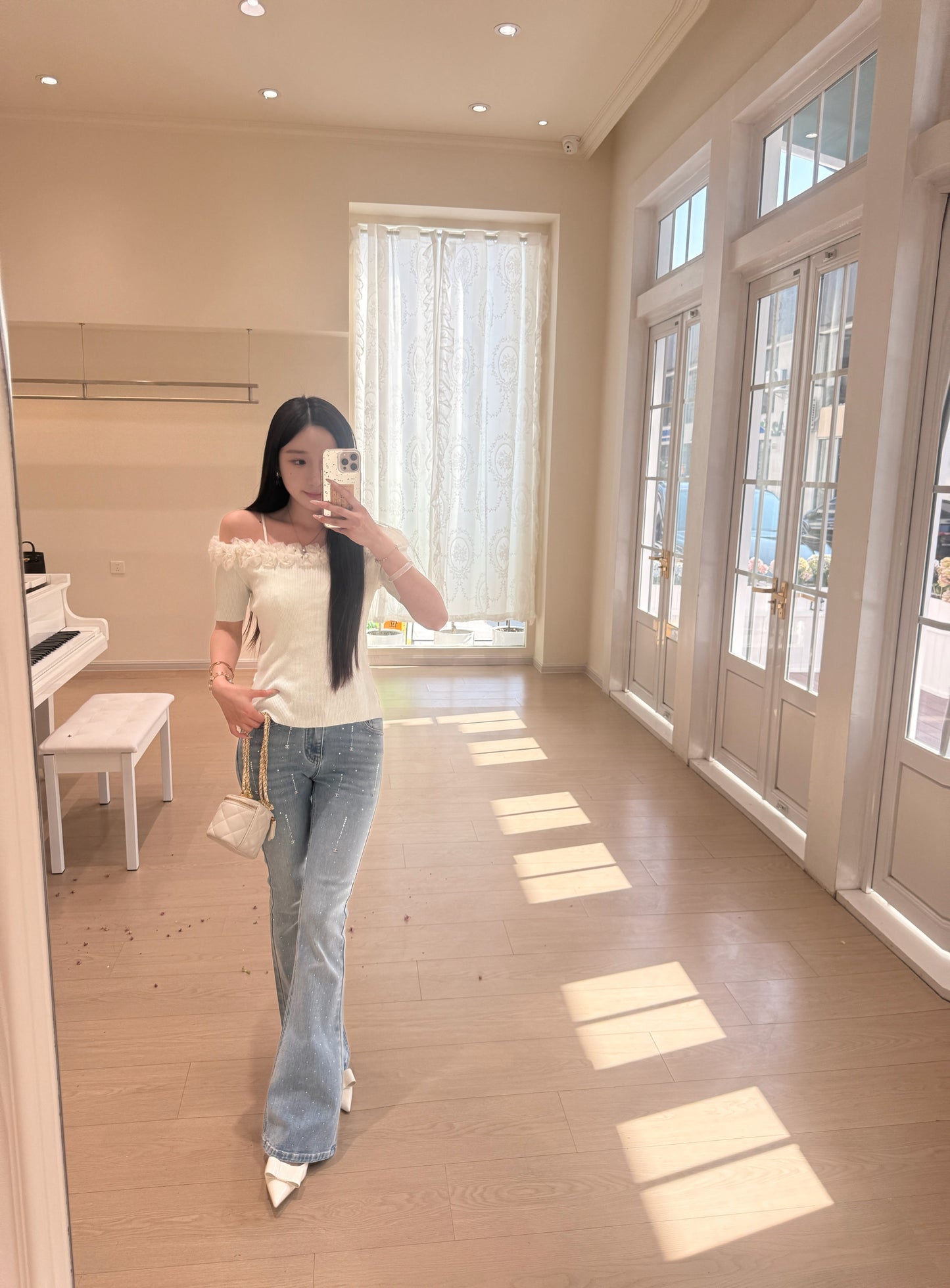 [Girly] Off-shoulder Knitted Green & Beige Top (QF008)