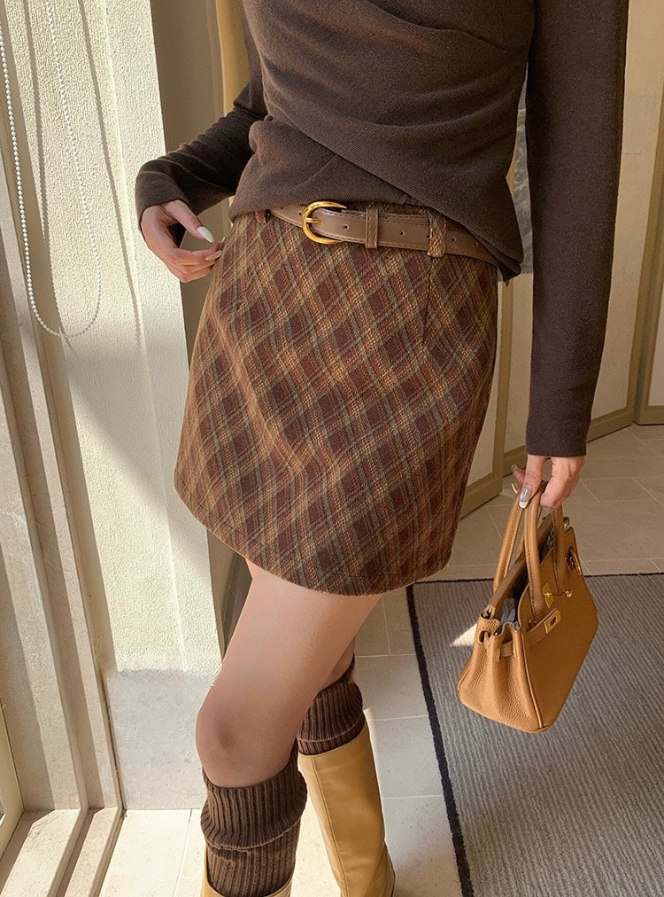 [Retro] High-Waisted Plaid A-Line Skirt