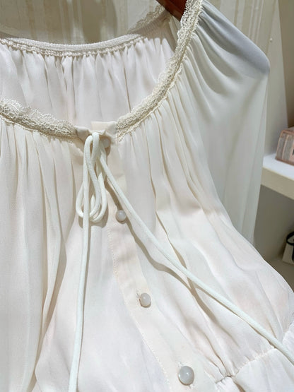 [Romantic] French Lace Trim Tie-Front Chiffon Blouse (Q1361)