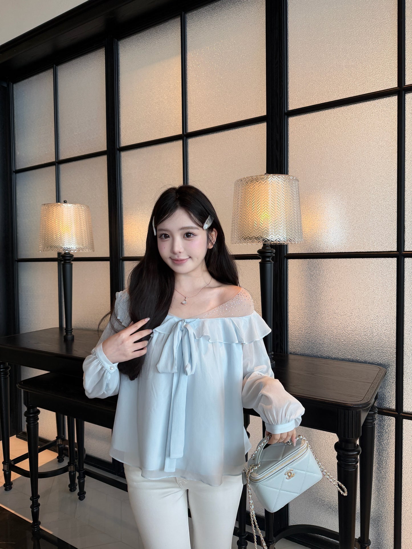 [Bling Bling] Girly Ribbon Blue & White Top (Q089)