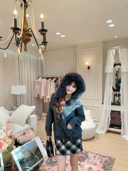 [Girly] 100% Wool Zip-up Sweater (Fox Fur Hat)