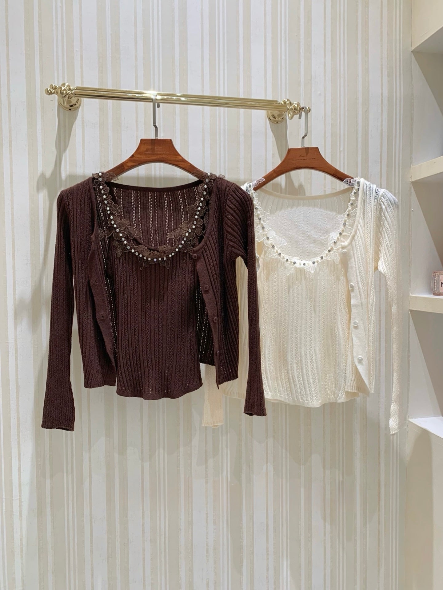 [Dating] Pearl Lace Trim Cami and Knit Cardigan Set (QH-08)