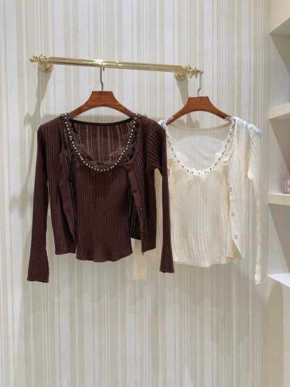 [Dating] Pearl Lace Trim Cami and Knit Cardigan Set (QH-08)