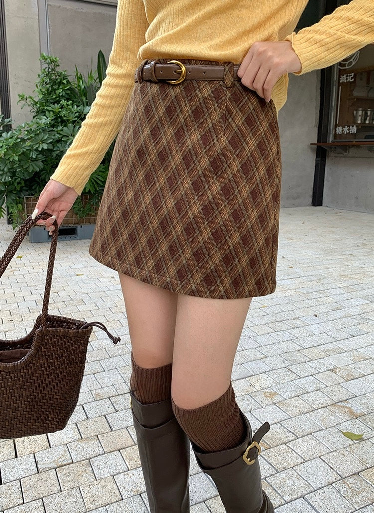 [Retro] High-Waisted Plaid A-Line Skirt