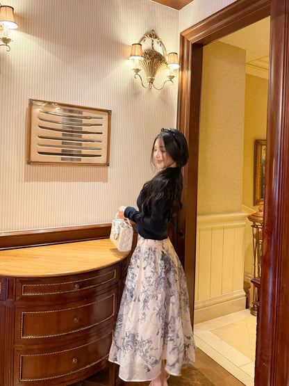 [Elegant] V-Neck Long Sleeve Knit Top & Printed Midi Skirt Two-Piece Set (MYQ-05/Q1308)