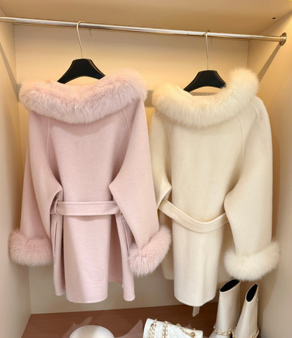 ⁠[Luxe] Fox Fur Collar Belted 100% Australian Wool Coat (YRDY002)⁠