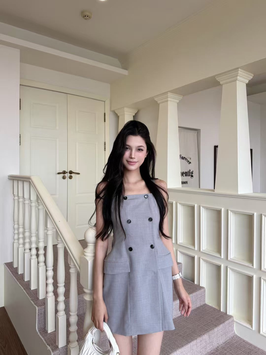 [Celebrity] Double-breasted Suspender Dress
