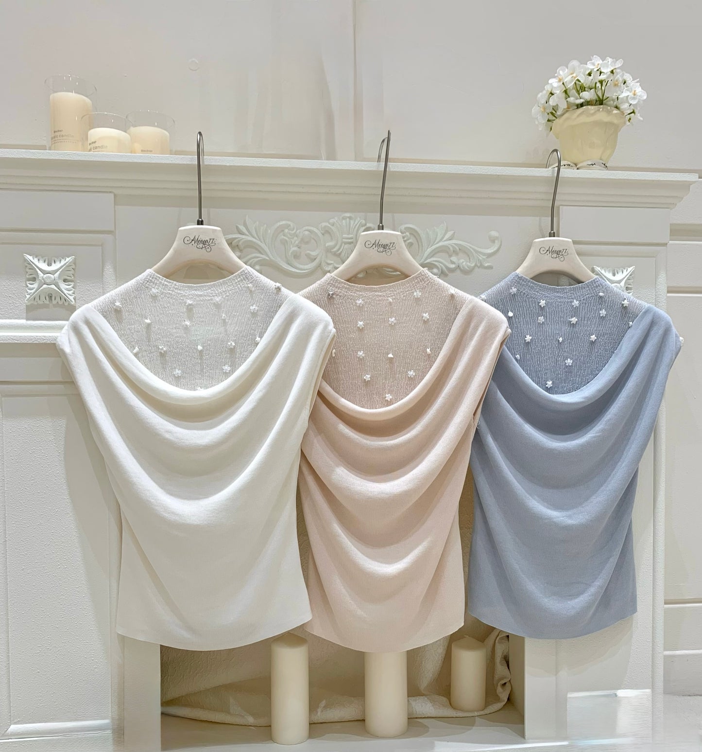 [Luxury] Handmade Pearl Cowl Neck Knit Top (QF033)
