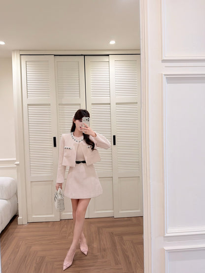 [Elegant] Pearl Tweed Crop Jacket & Skirt Set (Q1522)