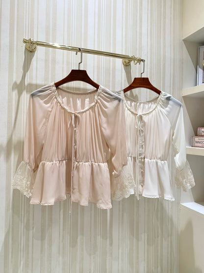 [Romantic] French Lace Trim Tie-Front Chiffon Blouse (Q1361)
