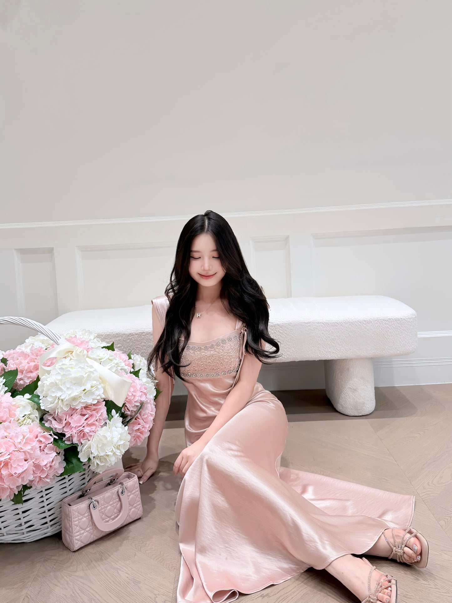 [Luxury] Beaded Satin A-Line Long Dress (QF059-1)