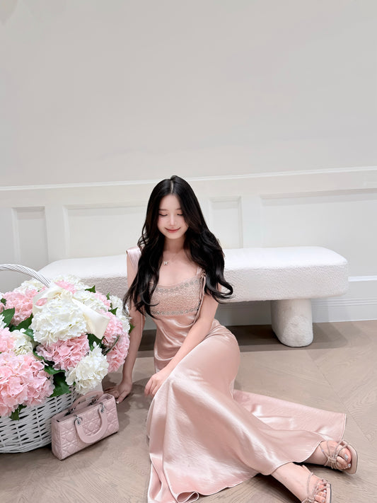 [Luxury] Beaded Satin A-Line Long Dress (QF059-1)