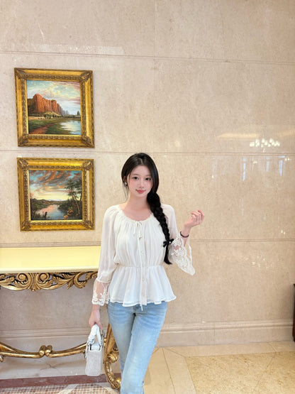 [Romantic] French Lace Trim Tie-Front Chiffon Blouse (Q1361)