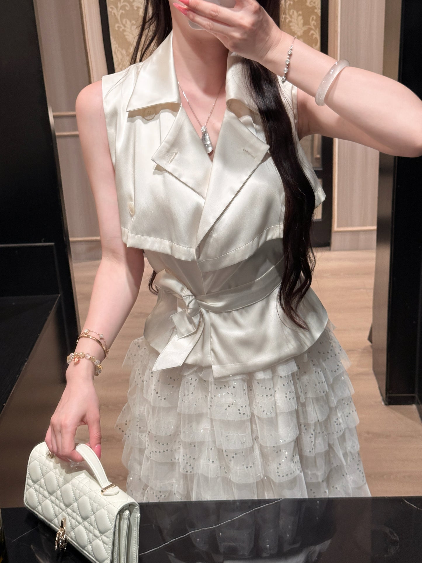 [Office to Date] Tailored Blazer Vest + Sequin Tiered Tulle Skirt Set (Q1212+Q1181)
