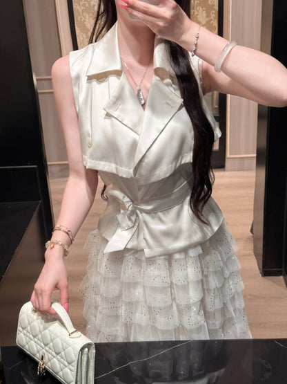 [Office to Date] Tailored Blazer Vest + Sequin Tiered Tulle Skirt Set (Q1212+Q1181)