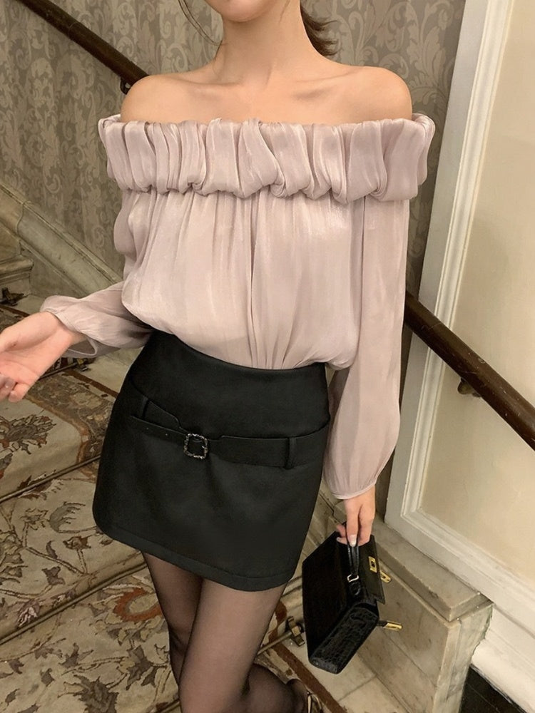 [Stylish] White Label Off-Shoulder Chiffon Top
