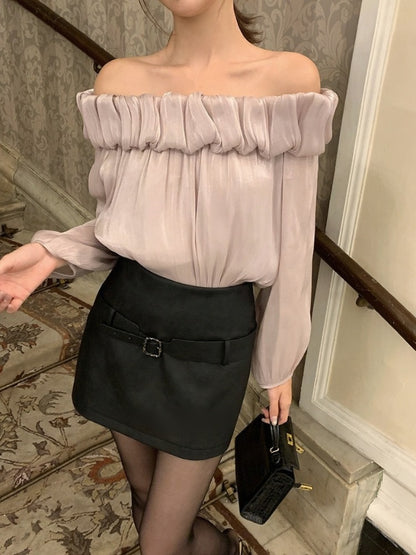 [Stylish] White Label Off-Shoulder Chiffon Top