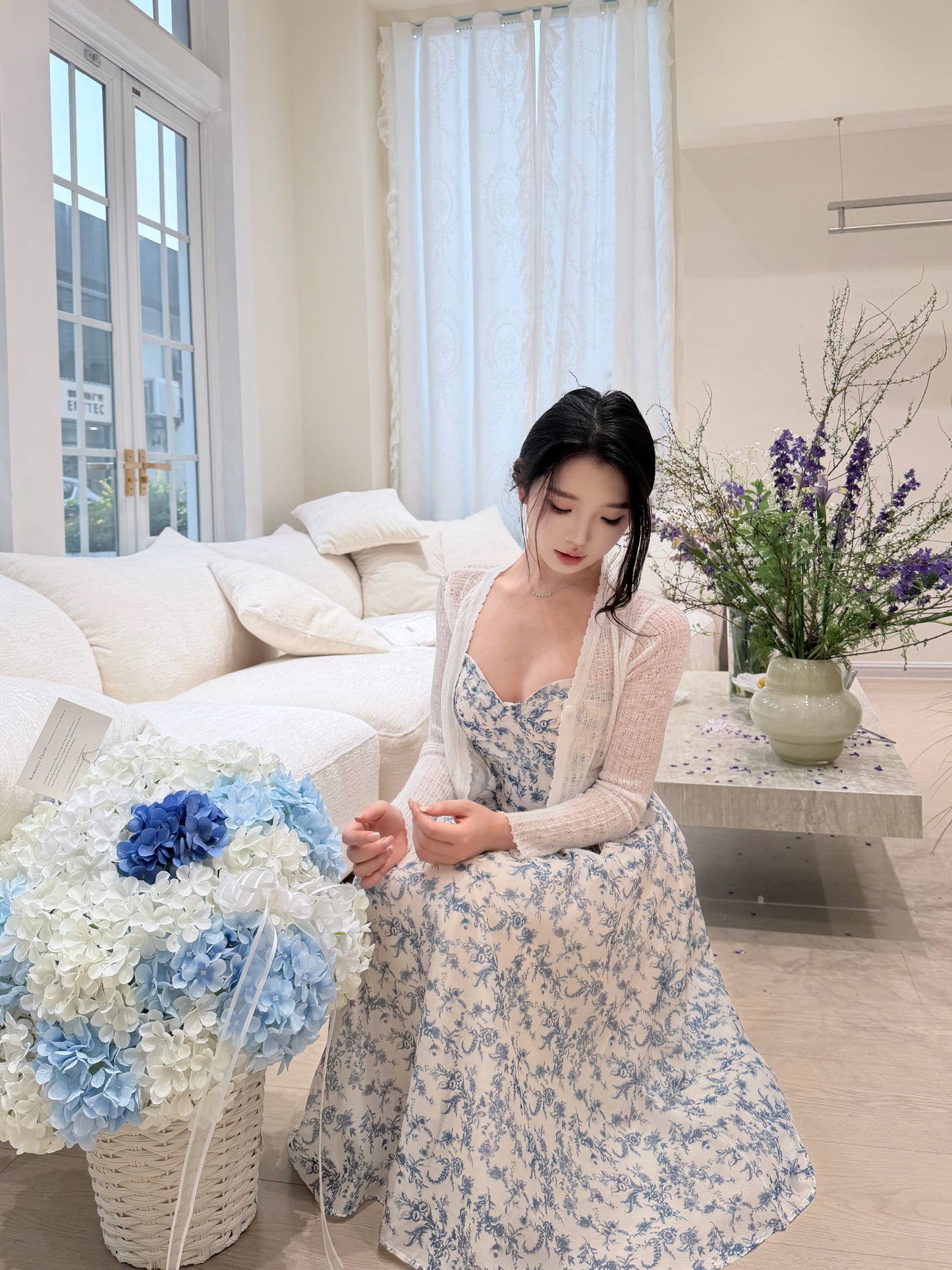 [Artistic] Purple/Blue Floral Sweetheart Neckline Dress (QF066)