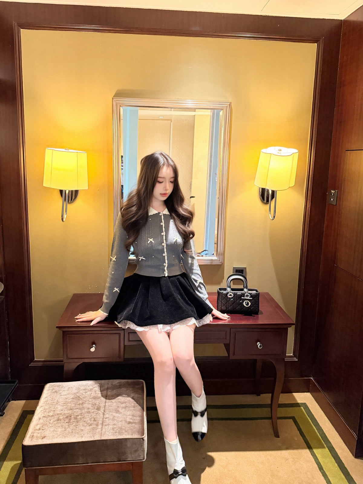 ⁠[Coquette] Doll Collar Ribbon Beaded Knit Cardigan (MY5813)⁠