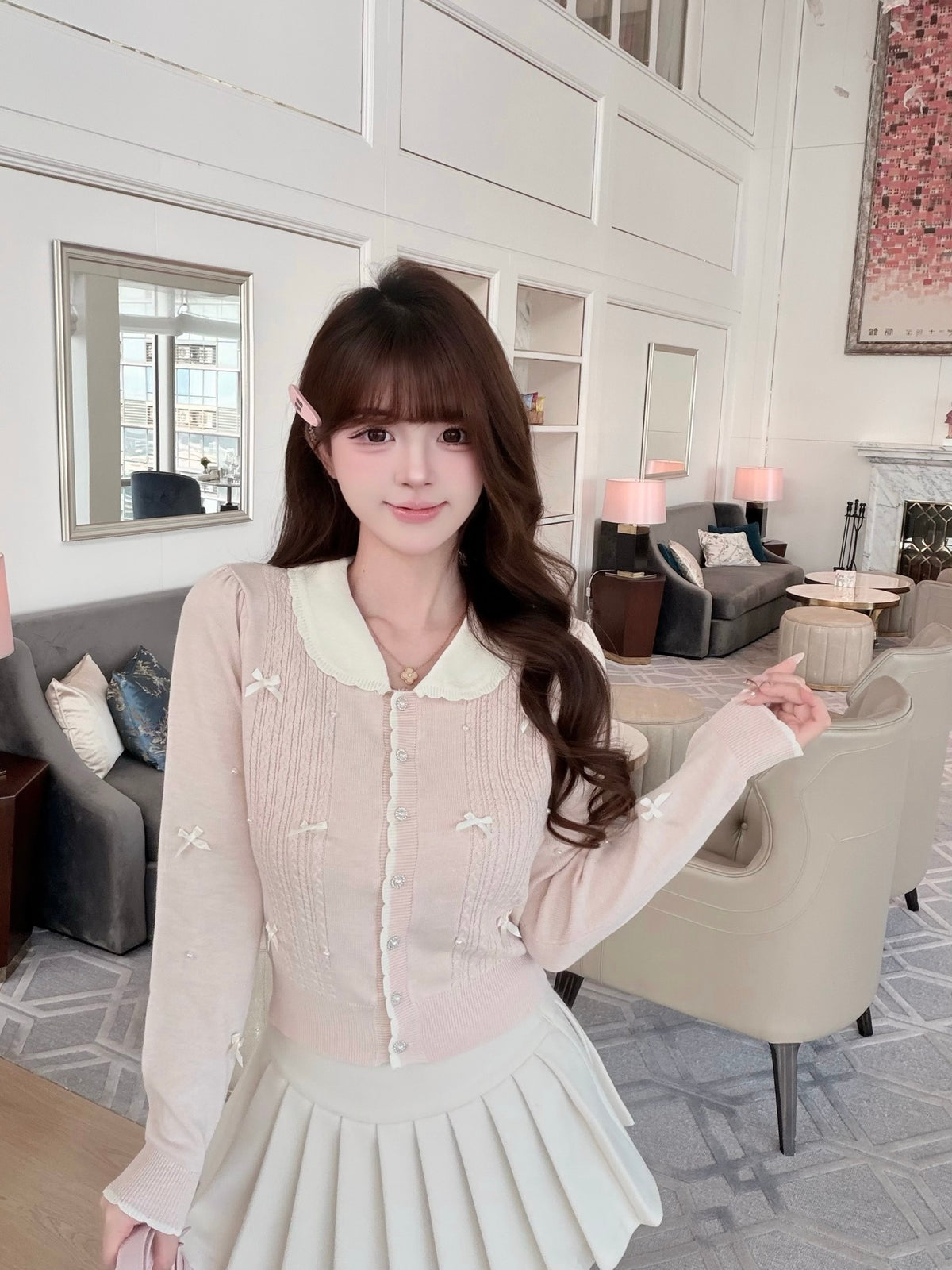 ⁠[Coquette] Doll Collar Ribbon Beaded Knit Cardigan (MY5813)⁠