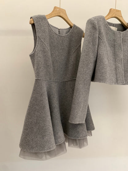 [Luxury] 100% Wool OL Onepiece Dress + Jacket Set (with belt)