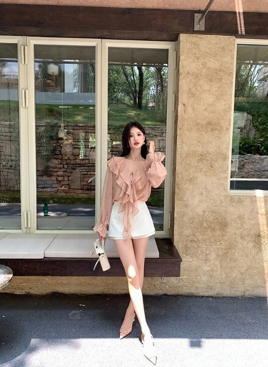 [Elegant] Autumn V-neck chiffon Top