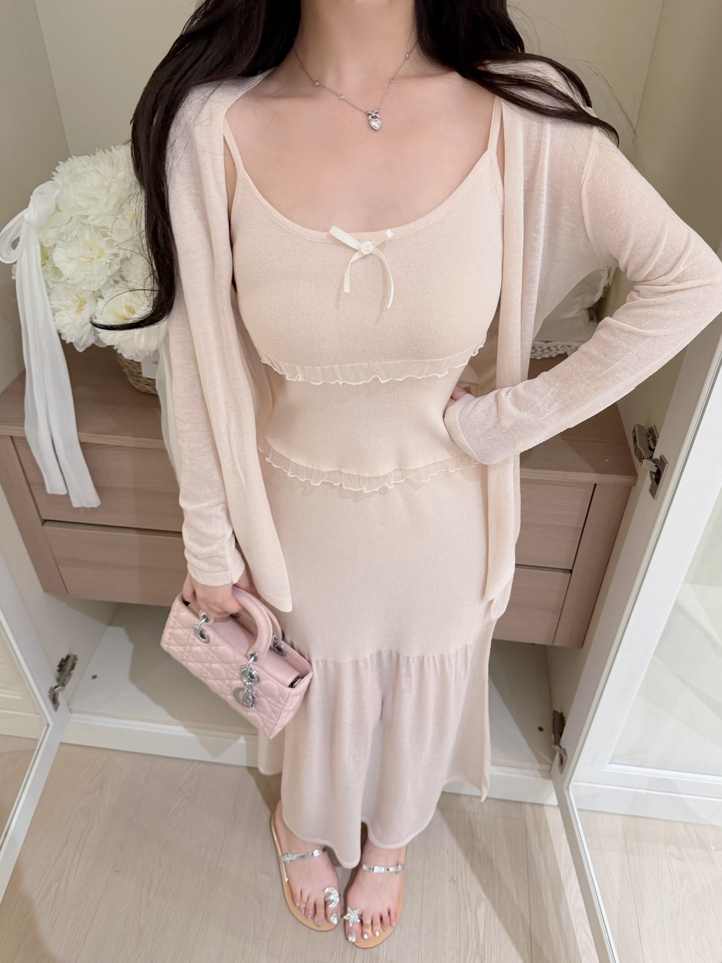 [Elegant] Ruffle Cami + Knit Cardigan + Flared Midi Skirt 3-Piece Set (QF110+QF111)