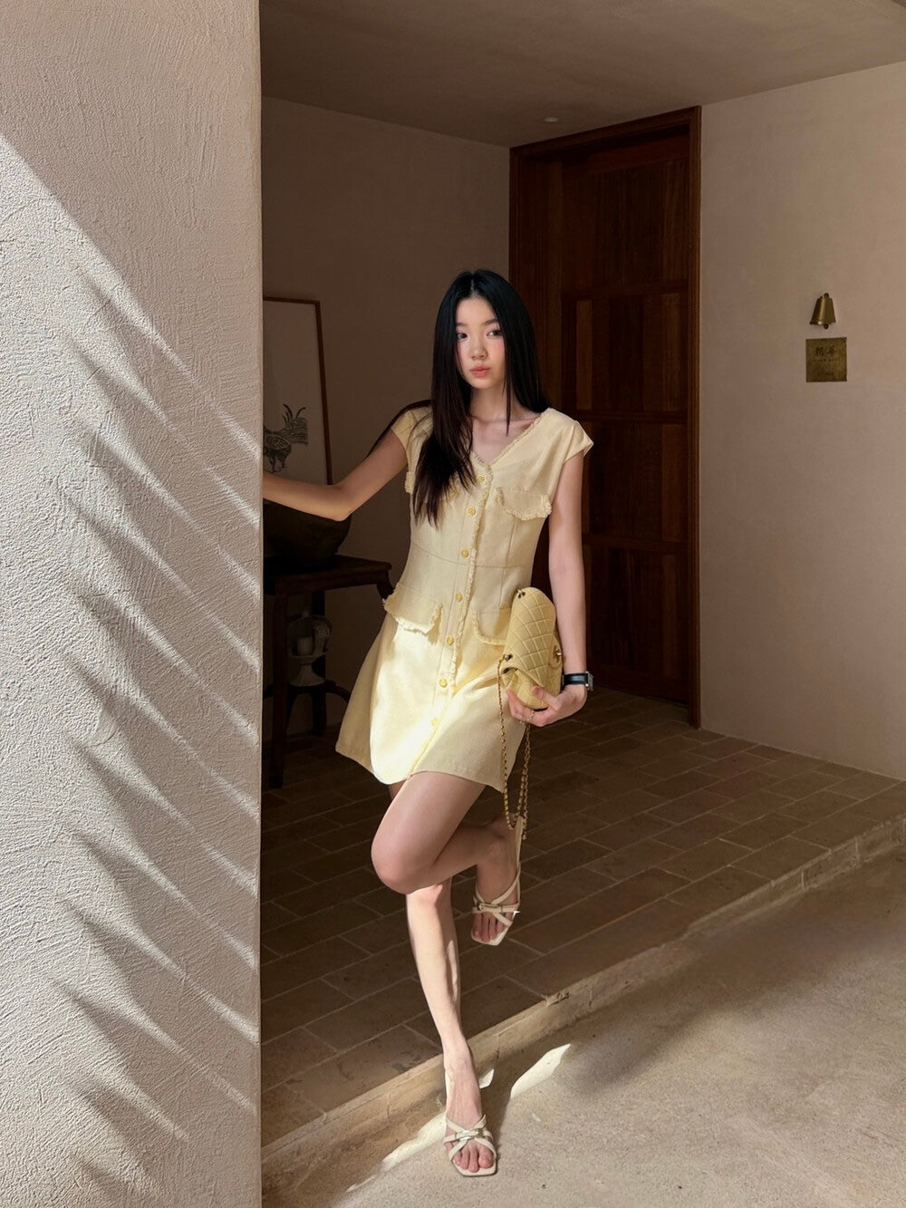 [Elegant] Workwear Tweed V-neck Dress