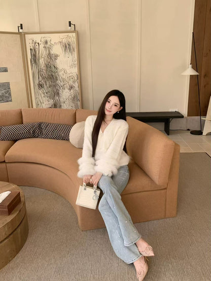 [Fluffy] Fox fur + Wool Cardigan