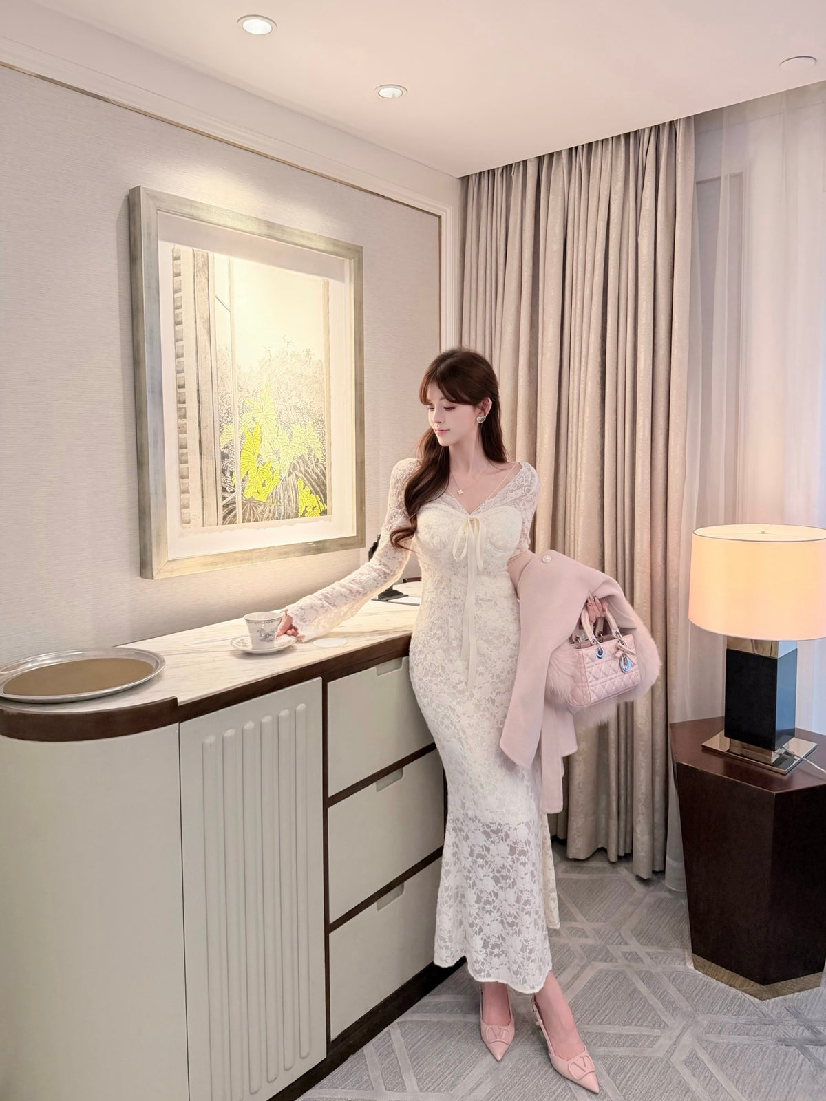 ⁠[French Lace] Ribbon Tie Lace Fitted Mermaid Dress (Q1598)⁠