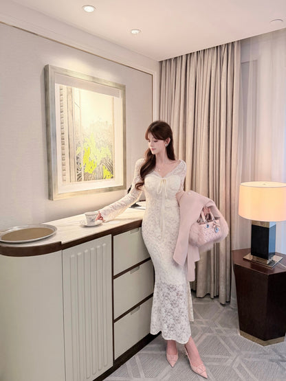 ⁠[French Lace] Ribbon Tie Lace Fitted Mermaid Dress (Q1598)⁠