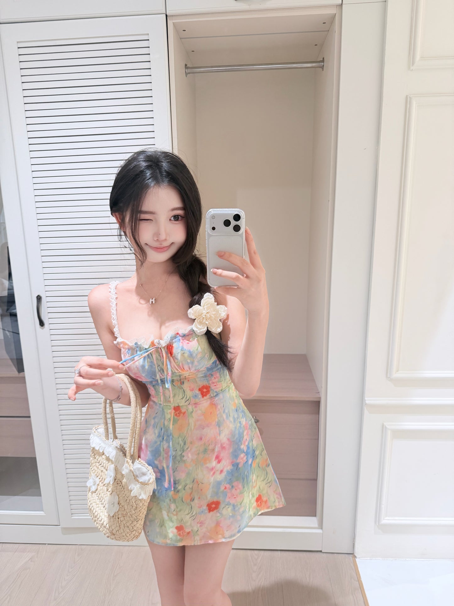 [Artistic] Watercolor Floral Lace Strap Mini Dress (QF083)
