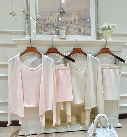 [Sweet] Soft Knit Cardigan Tank Top and Skirt Three-Piece Set (QH-015)