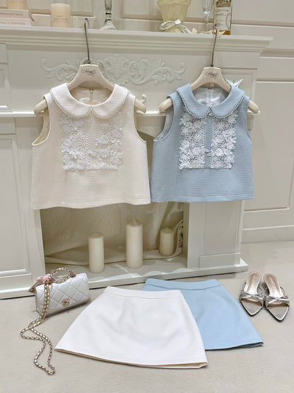 [Celebrity] Embroidered Short-sleeve Top + Skirt Set (Q1103)