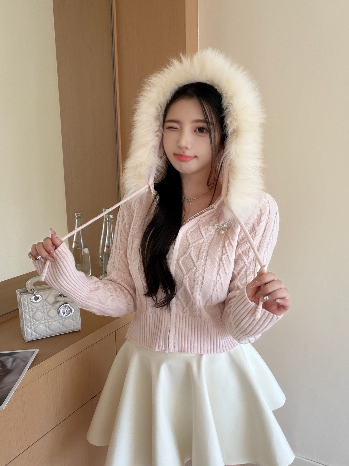 [Coquette] Fox Fur Collar Zip-Up Knit Cardigan (MY5812)