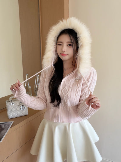 [Coquette] Fox Fur Collar Zip-Up Knit Cardigan (MY5812)