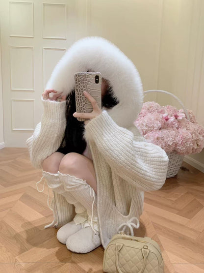 [Girly] 100% Wool Zip-up Sweater (Fox Fur Hat)