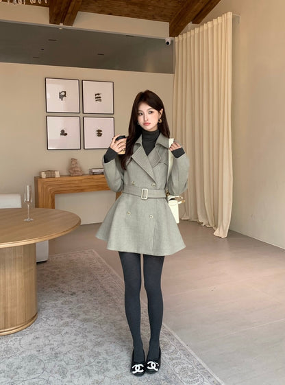 [Elegant] 10% Wool Workwear Coat with Belt