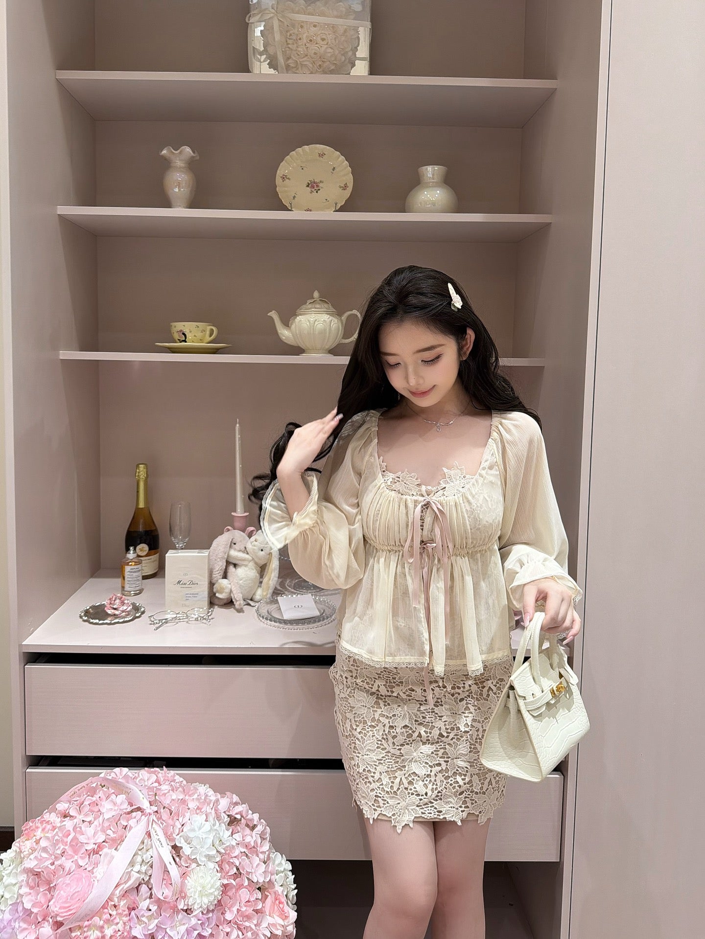 ⁠[Girly] French Romantic Ruffle Ribbon Chiffon Blouse (QH-031)⁠