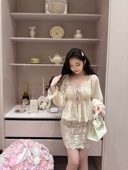 ⁠[Girly] French Romantic Ruffle Ribbon Chiffon Blouse (QH-031)⁠