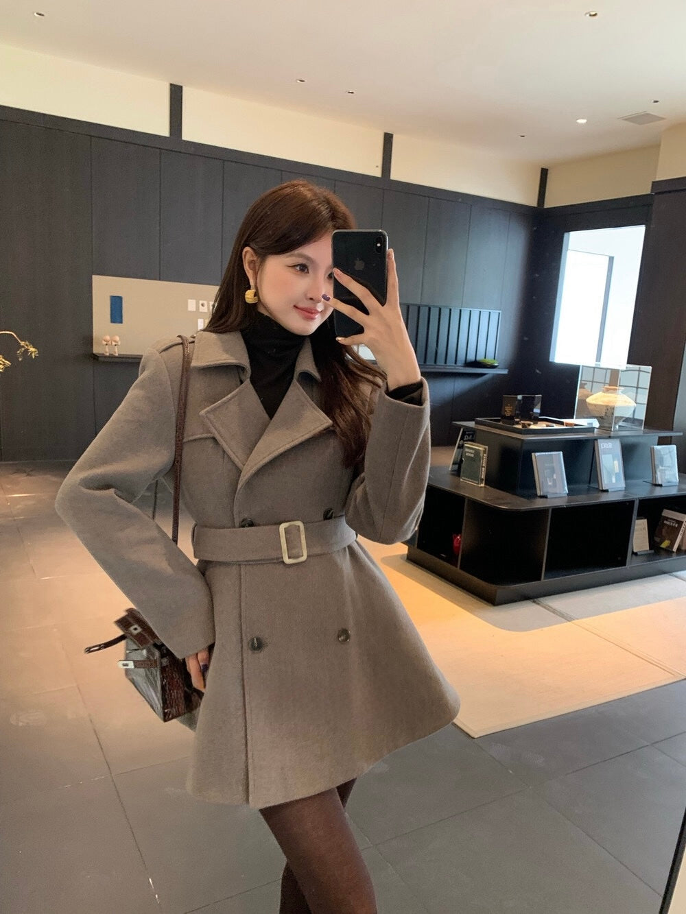 [Elegant] 10% Wool Workwear Coat with Belt